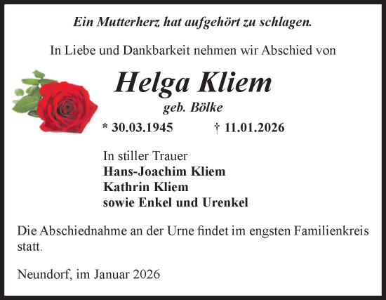 Traueranzeige von Helga Kliem von Volksstimme Staßfurt