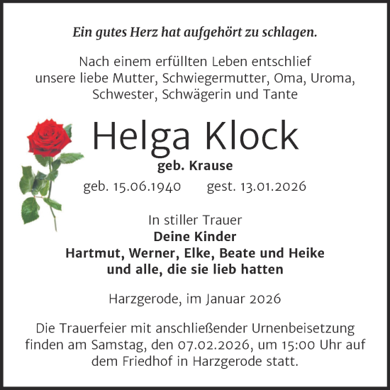 Traueranzeige von Helga Klock von Super Sonntag Quedlingburg