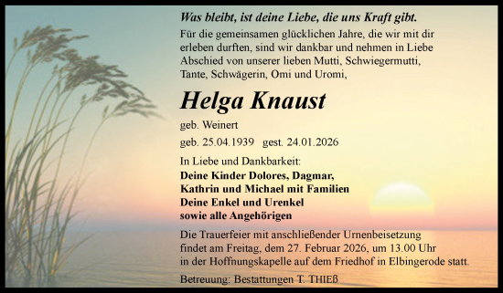 Traueranzeige von Helga Knaust von Volksstimme Wernigerode