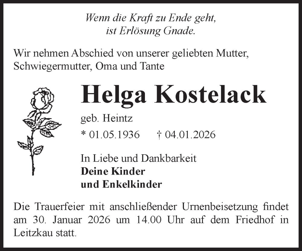  Traueranzeige für Helga Kostelack vom 24.01.2026 aus Volksstimme Zerbst