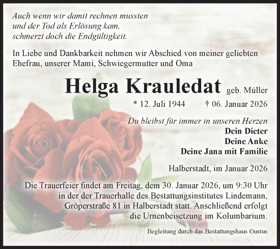 Traueranzeige von Helga Krauledat von Volksstimme Halberstadt