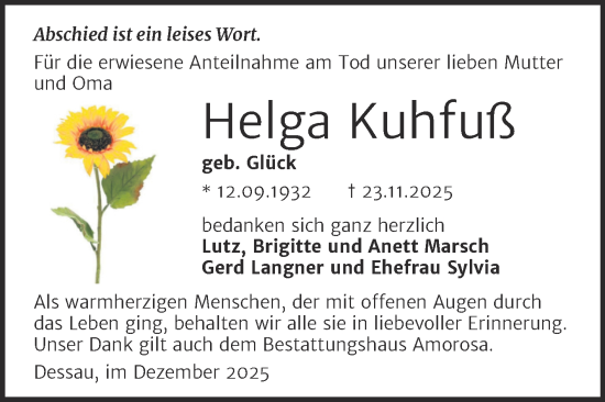 Traueranzeige von Helga Kuhfuß von Trauerkombi Dessau