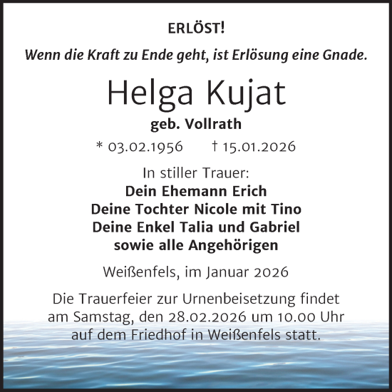 Traueranzeige von Helga Kujat von Trauerkombi Weißenfels