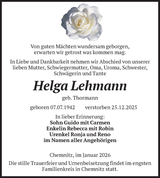 Traueranzeige von Helga Lehmann von Volksstimme Magdeburg