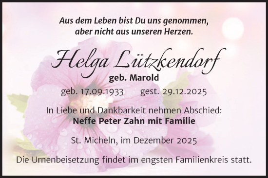 Traueranzeige von Helga Lützkendorf von Trauerkombi Merseburg