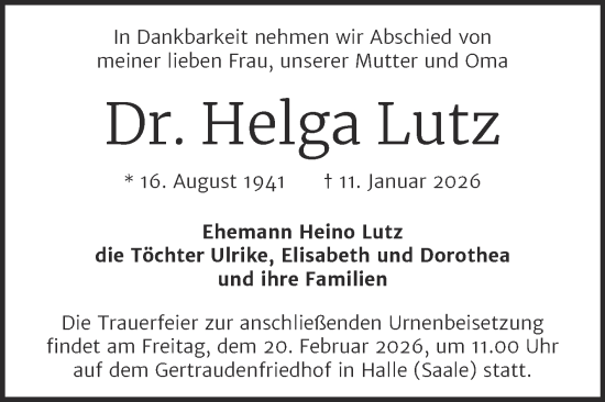 Traueranzeige von Helga Lutz von Mitteldeutsche Zeitung Halle/Saalkreis