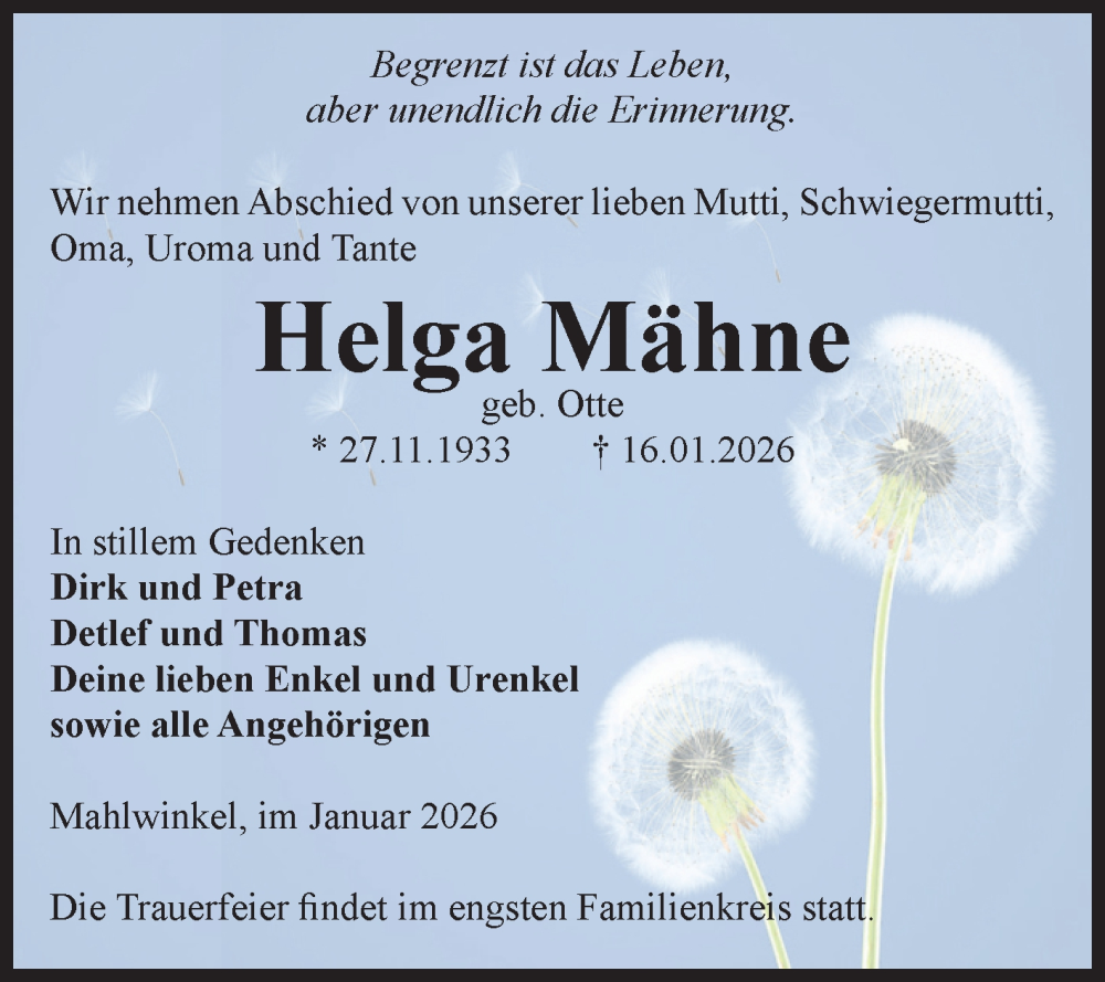  Traueranzeige für Helga Mähne vom 24.01.2026 aus Volksstimme Altmark Ost