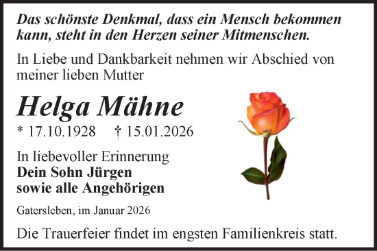 Traueranzeige von Helga Mähne von Trauerkombi Aschersleben