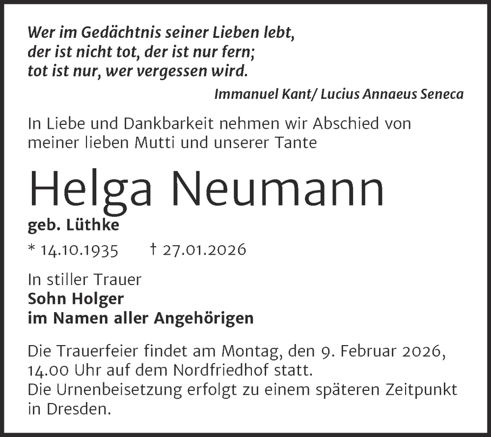  Traueranzeige für Helga Neumann vom 31.01.2026 aus Mitteldeutsche Zeitung Halle/Saalkreis