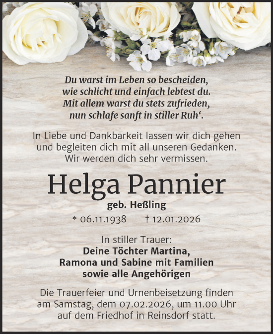 Traueranzeige von Helga Pannier von Trauerkombi Köthen