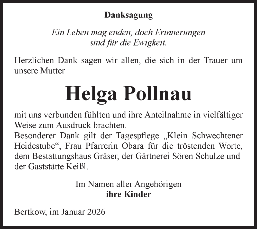  Traueranzeige für Helga Pollnau vom 24.01.2026 aus Volksstimme Altmark Ost