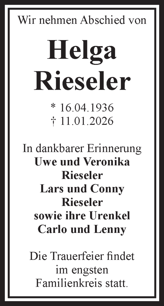 Traueranzeige von Helga Rieseler von Volksstimme Magdeburg