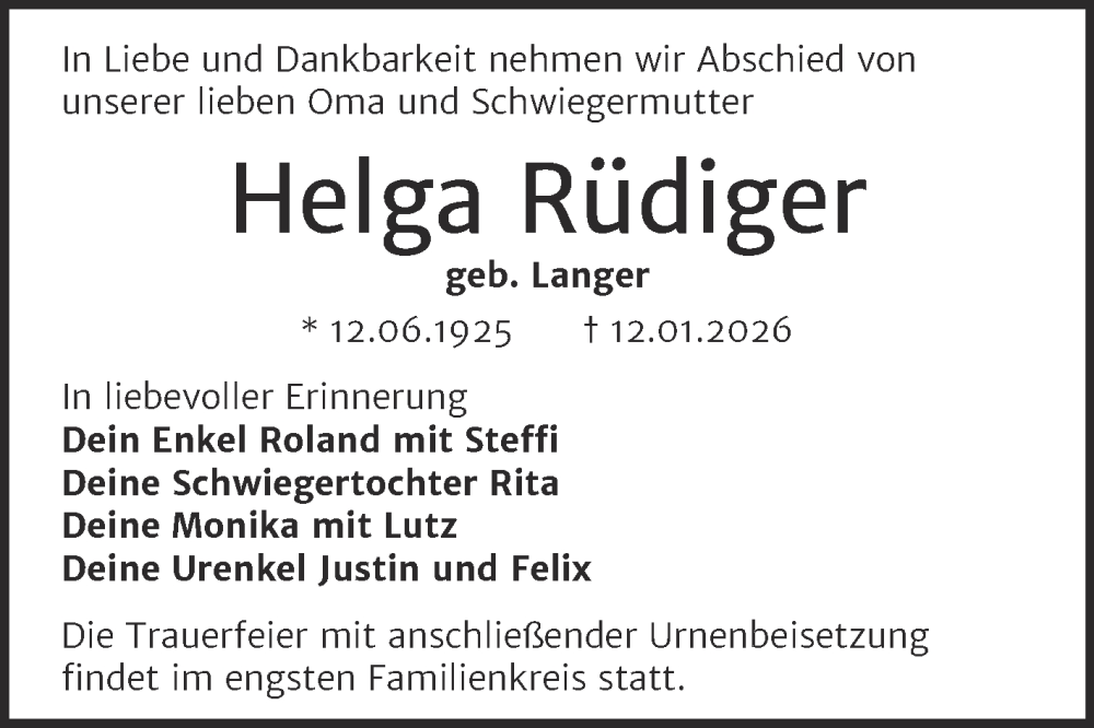 Traueranzeige für Helga Rüdiger vom 17.01.2026 aus Trauerkombi Wittenberg