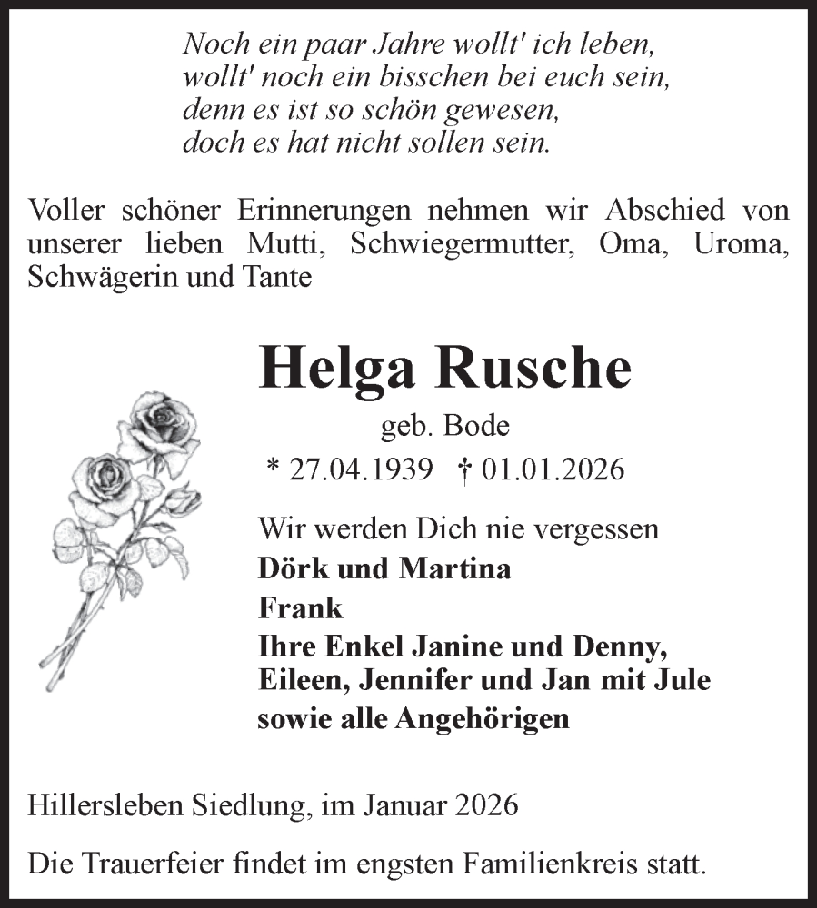 Traueranzeige für Helga Rusche vom 17.01.2026 aus Volksstimme Haldensleben/Wolmirstedt