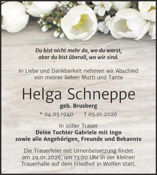 Traueranzeige von Helga Schneppe von Trauerkombi Bitterfeld