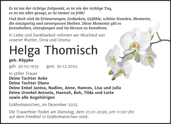 Traueranzeige von Helga Thomisch von Trauerkombi Wittenberg