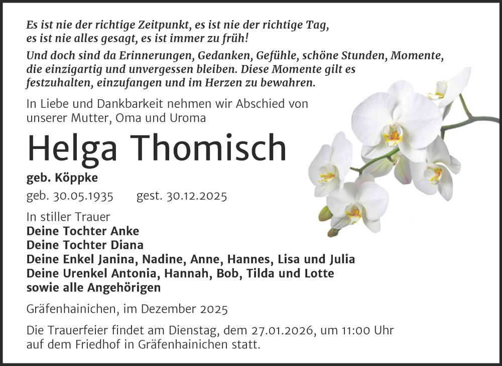  Traueranzeige für Helga Thomisch vom 17.01.2026 aus Trauerkombi Wittenberg