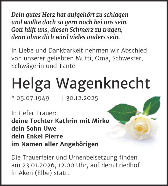 Traueranzeige von Helga Wagenknecht von Trauerkombi Köthen