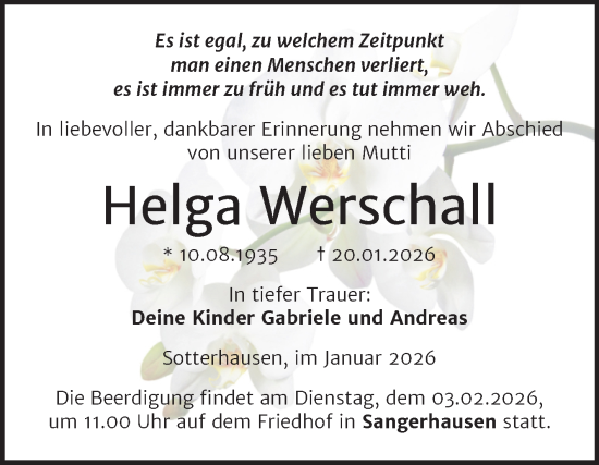 Traueranzeige von Helga Werschall von Trauerkombi Sangerhausen