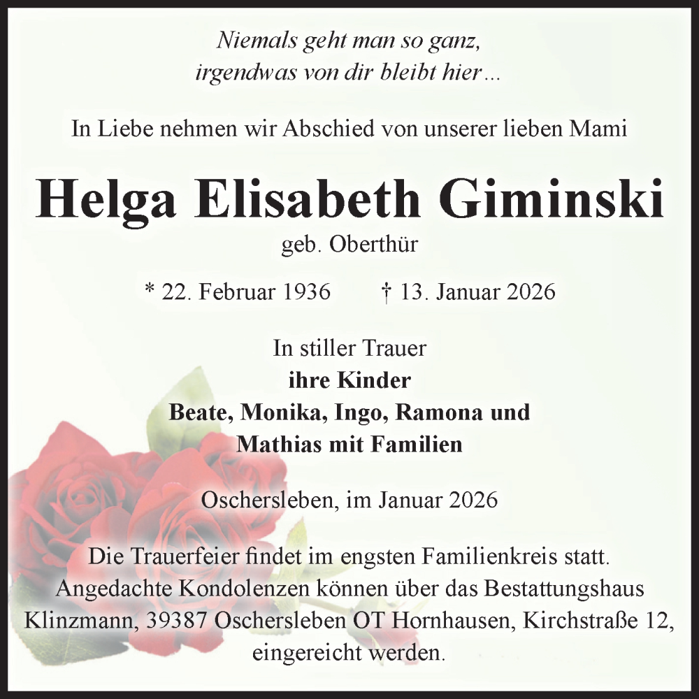  Traueranzeige für Helga Elisabeth Giminski vom 17.01.2026 aus Volksstimme Oschersleben/Wanzleben