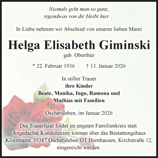 Traueranzeige von Helga Elisabeth Giminski von Volksstimme Oschersleben/Wanzleben