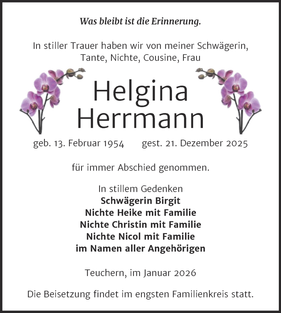  Traueranzeige für Helgina Herrmann vom 10.01.2026 aus Trauerkombi Weißenfels