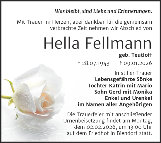 Traueranzeige von Hella Fellmann von Trauerkombi Bernburg