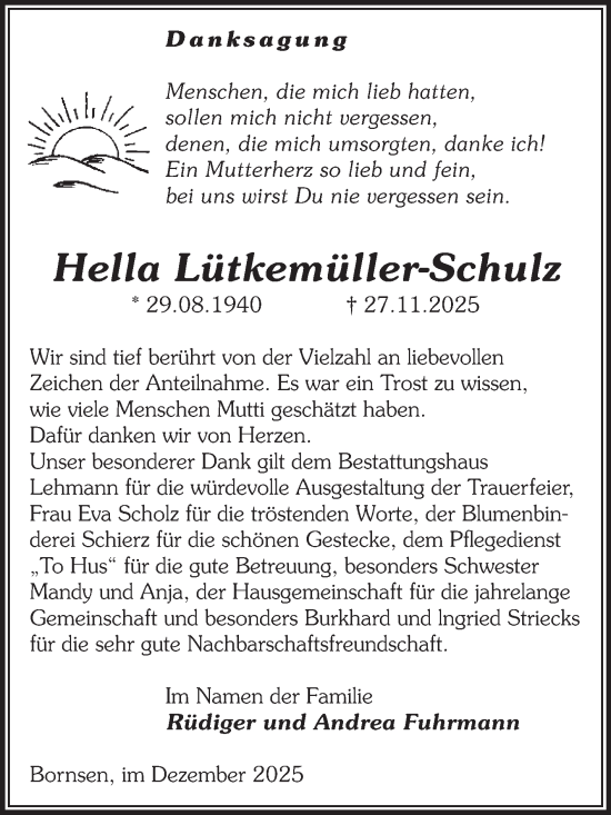 Traueranzeige von Hella Lütkemüller-Schulz von Volksstimme Altmark West