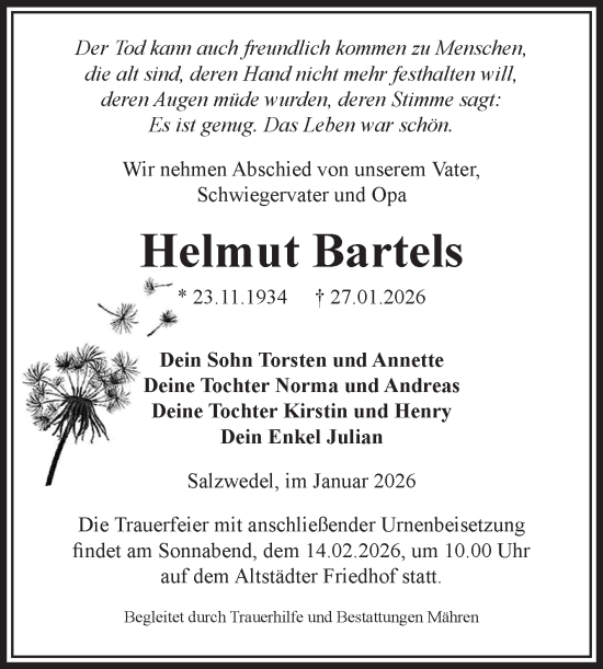 Traueranzeige von Helmut Bartels von Volksstimme Altmark West