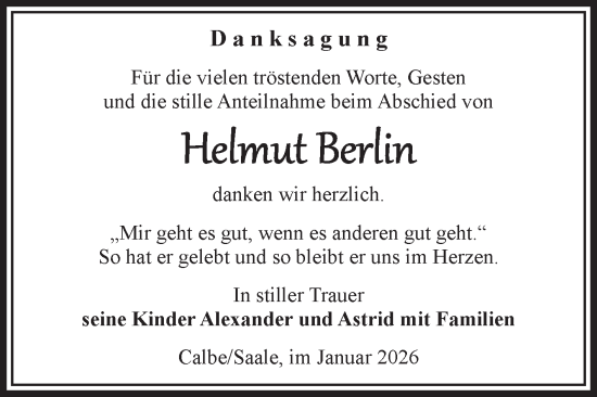 Traueranzeige von Helmut Berlin von Volksstimme Schönebeck