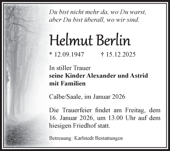 Traueranzeige von Helmut Berlin von Volksstimme Schönebeck