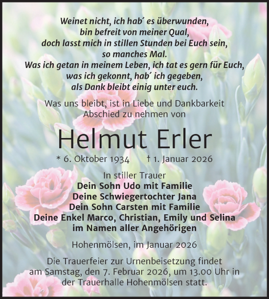 Traueranzeige von Helmut Erler von Trauerkombi Weißenfels