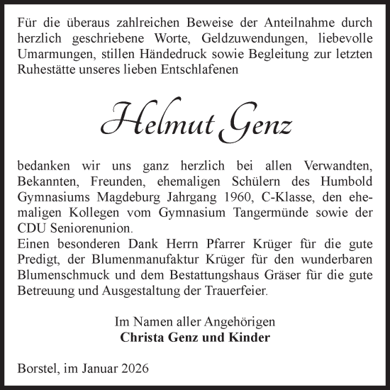 Traueranzeige von Helmut Genz von Volksstimme Altmark Ost