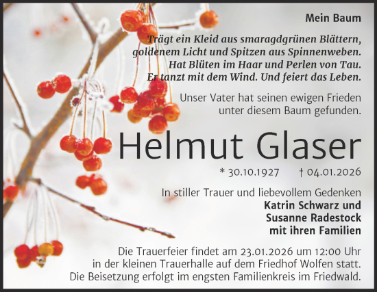 Traueranzeige von Helmut Glaser von Trauerkombi Bitterfeld