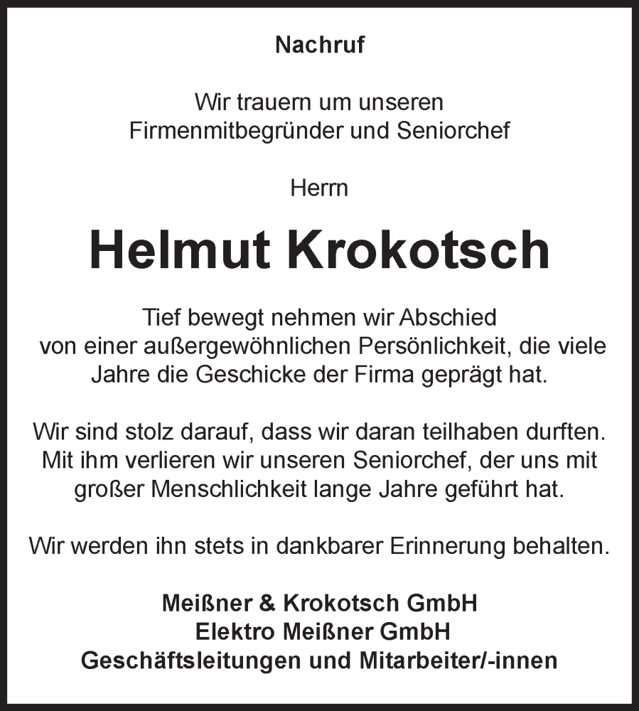  Traueranzeige für Helmut Krokotsch vom 24.01.2026 aus Volksstimme Staßfurt
