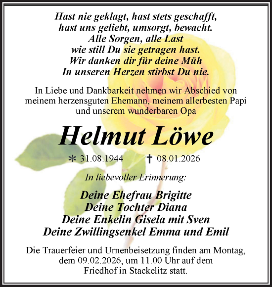 Traueranzeige von Helmut Löwe von Trauerkombi Wittenberg