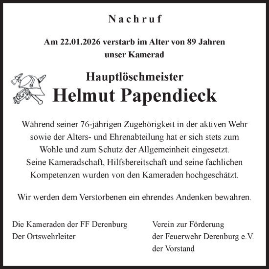 Traueranzeige von Helmut Papendieck von Volksstimme Wernigerode