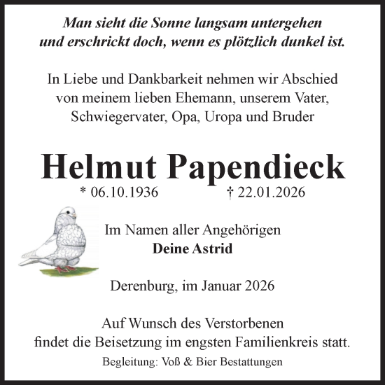 Traueranzeige von Helmut Papendieck von Volksstimme Wernigerode