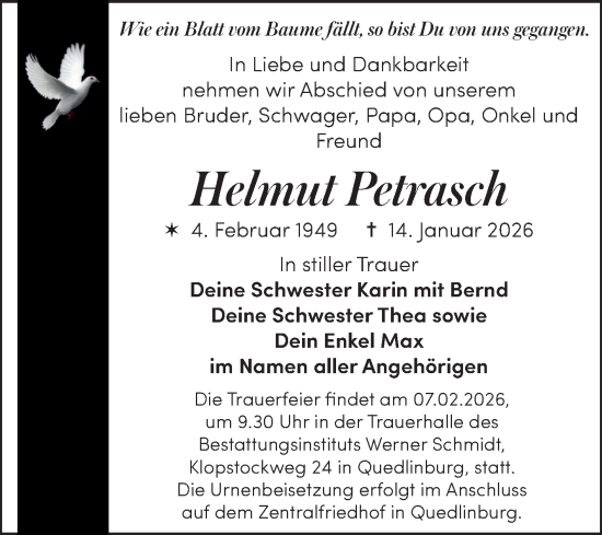 Traueranzeige von Helmut Petrasch von Trauerkombi Quedlinburg