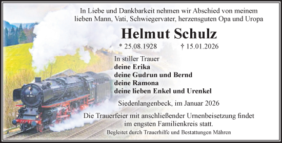Traueranzeige von Helmut Schulz von Volksstimme Altmark West
