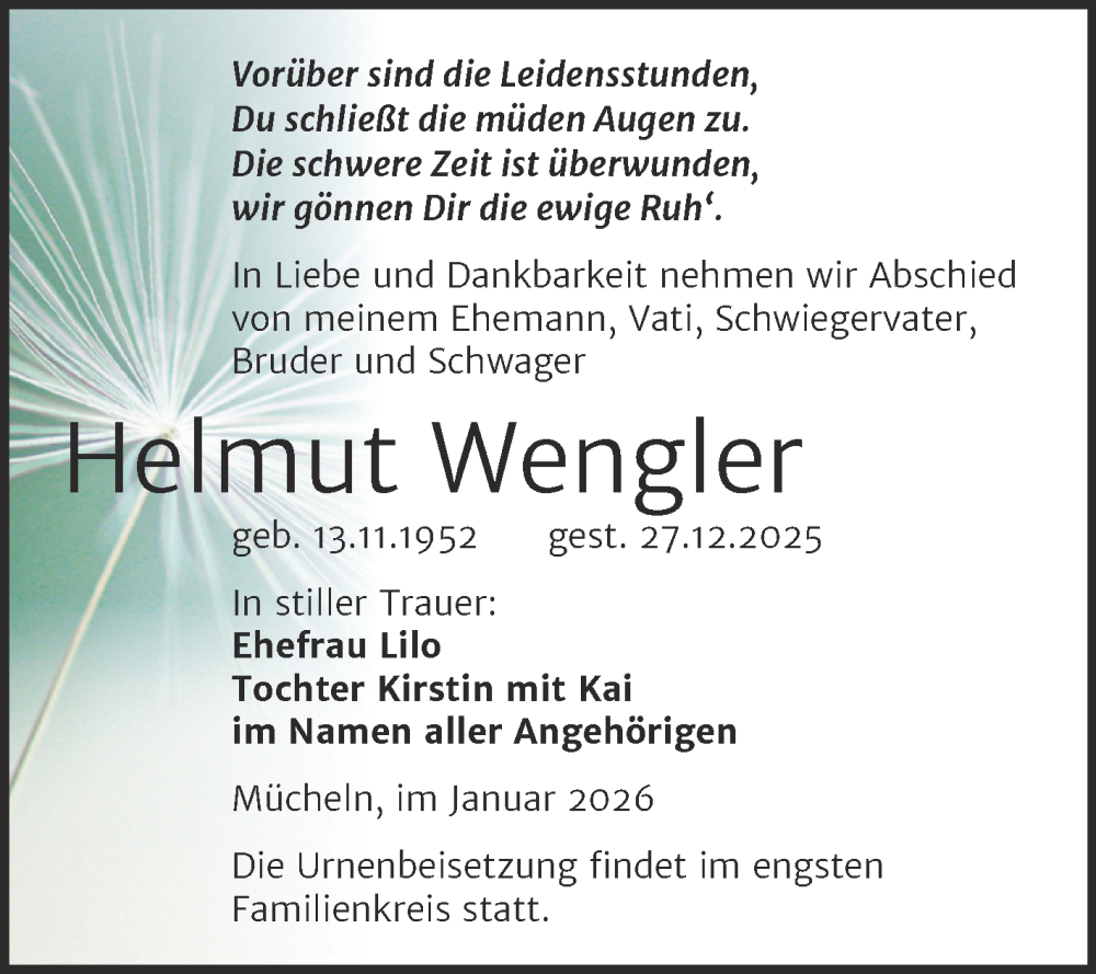  Traueranzeige für Helmut Wengler vom 24.01.2026 aus Trauerkombi Merseburg