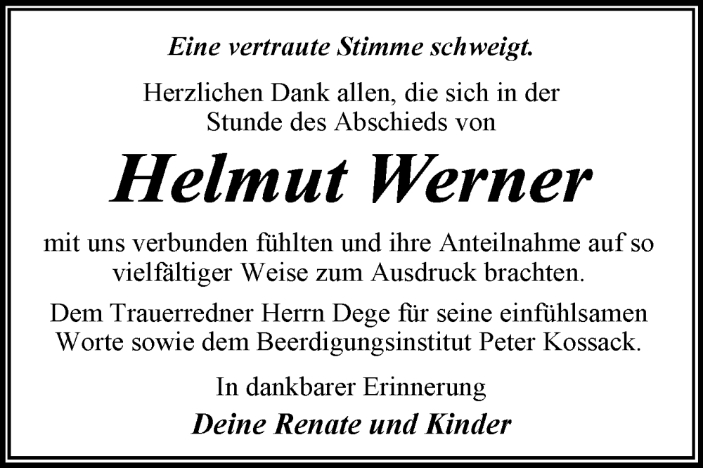  Traueranzeige für Helmut Werner vom 24.01.2026 aus Trauerkombi Dessau