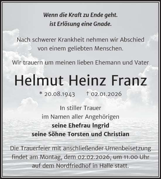 Traueranzeige von Helmut Heinz Franz von Mitteldeutsche Zeitung Halle/Saalkreis