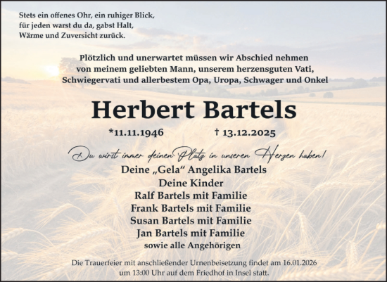 Traueranzeige von Herbert Bartels von Volksstimme Altmark Ost