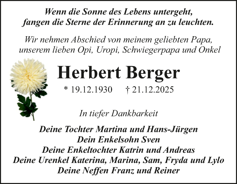  Traueranzeige für Herbert Berger vom 10.01.2026 aus Trauerkombi Dessau