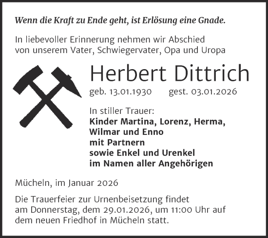 Traueranzeige von Herbert Dittrich von Trauerkombi Merseburg