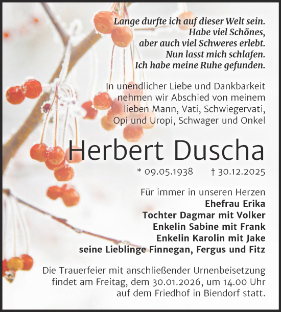 Traueranzeige von Herbert Duscha von Trauerkombi Bernburg