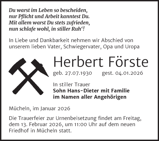 Traueranzeige von Herbert Förste von Trauerkombi Merseburg