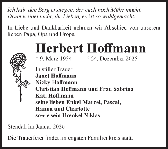 Traueranzeige von Herbert Hoffmann von Volksstimme Altmark Ost