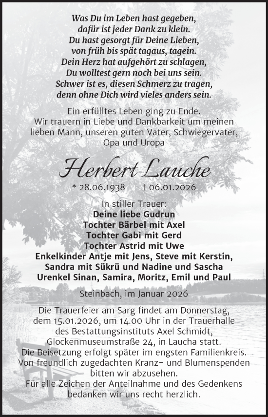 Traueranzeige von Herbert Lauche von Naumburger Tageblatt